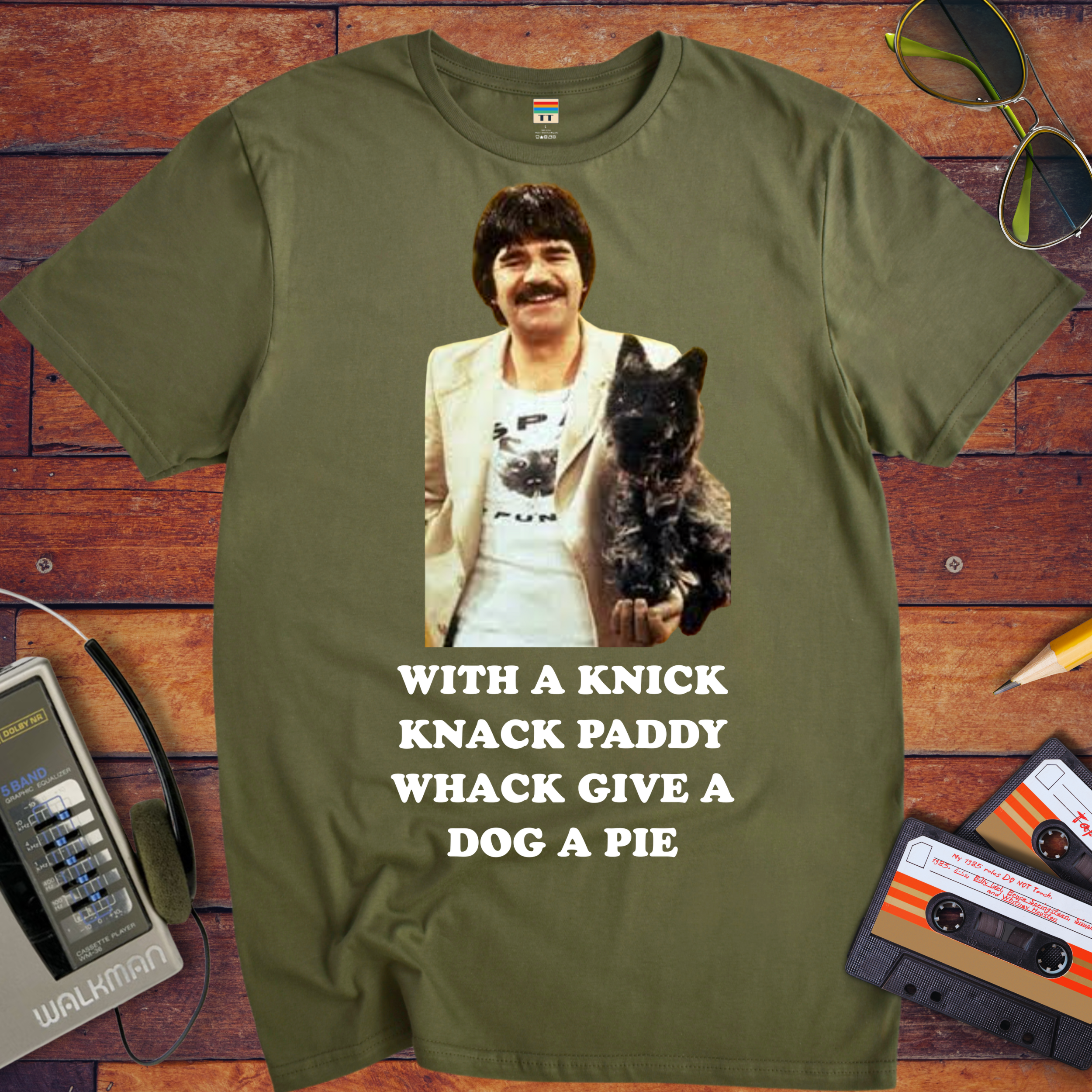 'WITH A KNICK", "KNACK PADDY", "WHACK GIVE A", and "DOG A PIE"' Funny T-Shirt