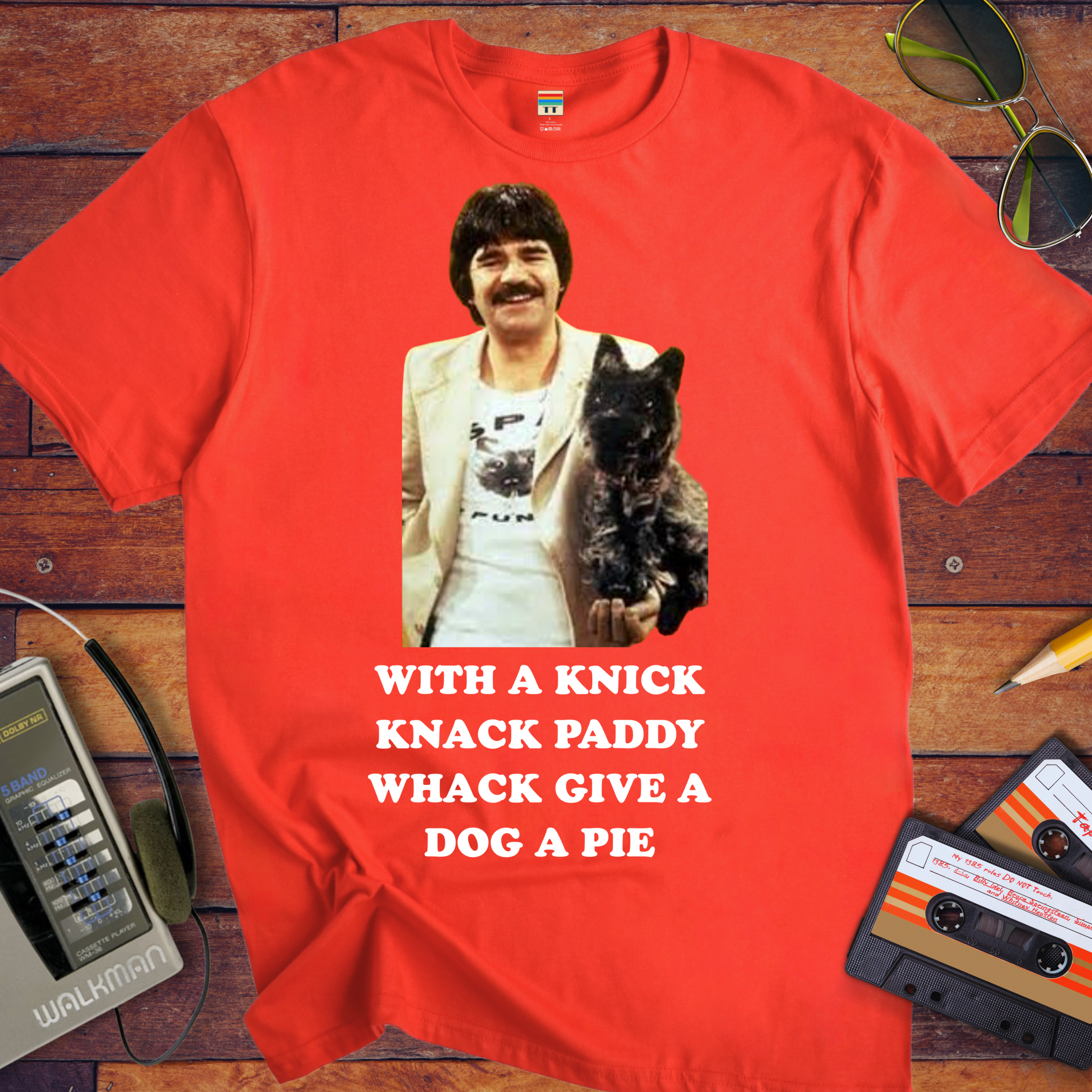 'WITH A KNICK", "KNACK PADDY", "WHACK GIVE A", and "DOG A PIE"' Funny T-Shirt