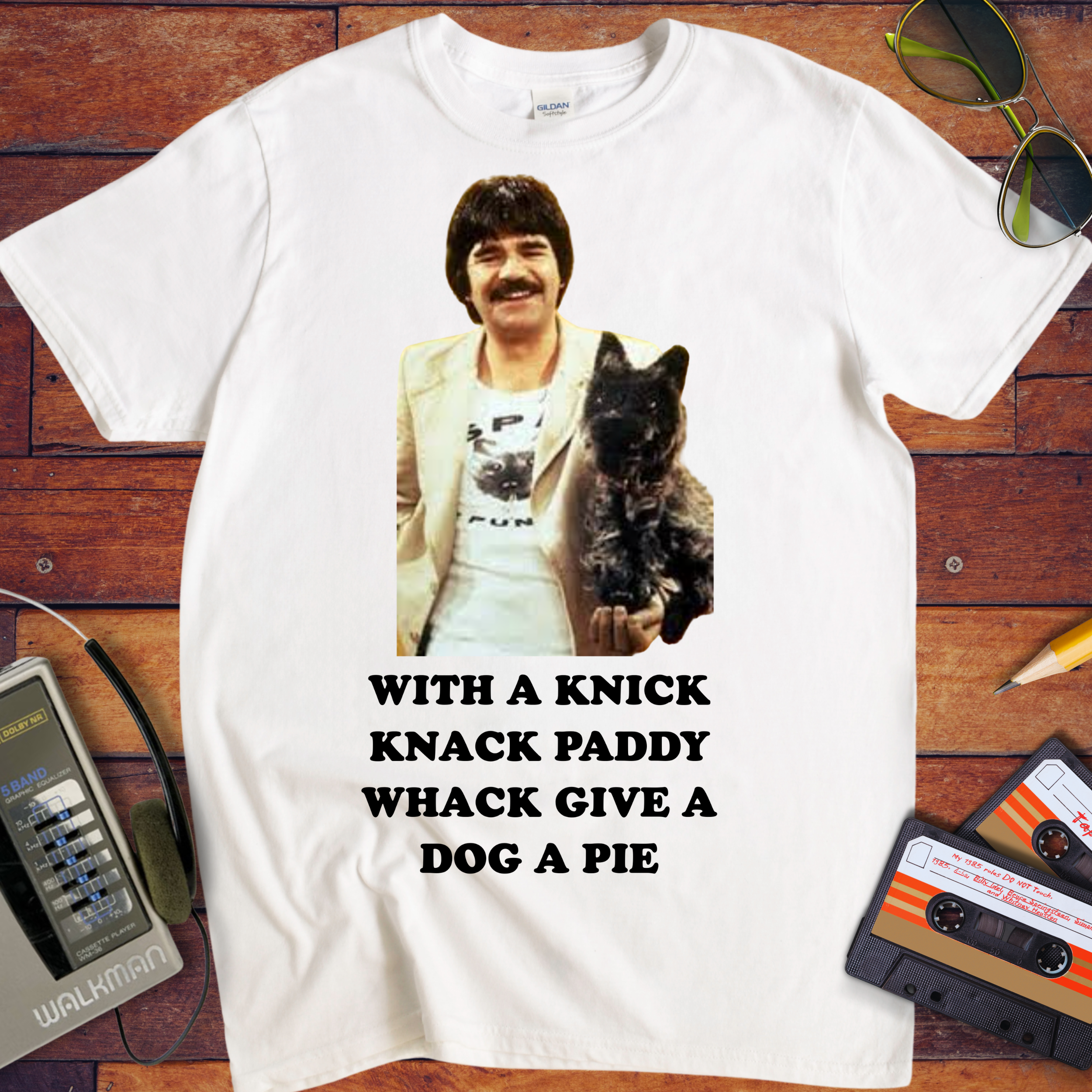 'WITH A KNICK", "KNACK PADDY", "WHACK GIVE A", and "DOG A PIE"' Funny T-Shirt