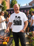 Barbecue lifestyle mockup of white Abbott and Costello Punk Rocker V2 T-shirt