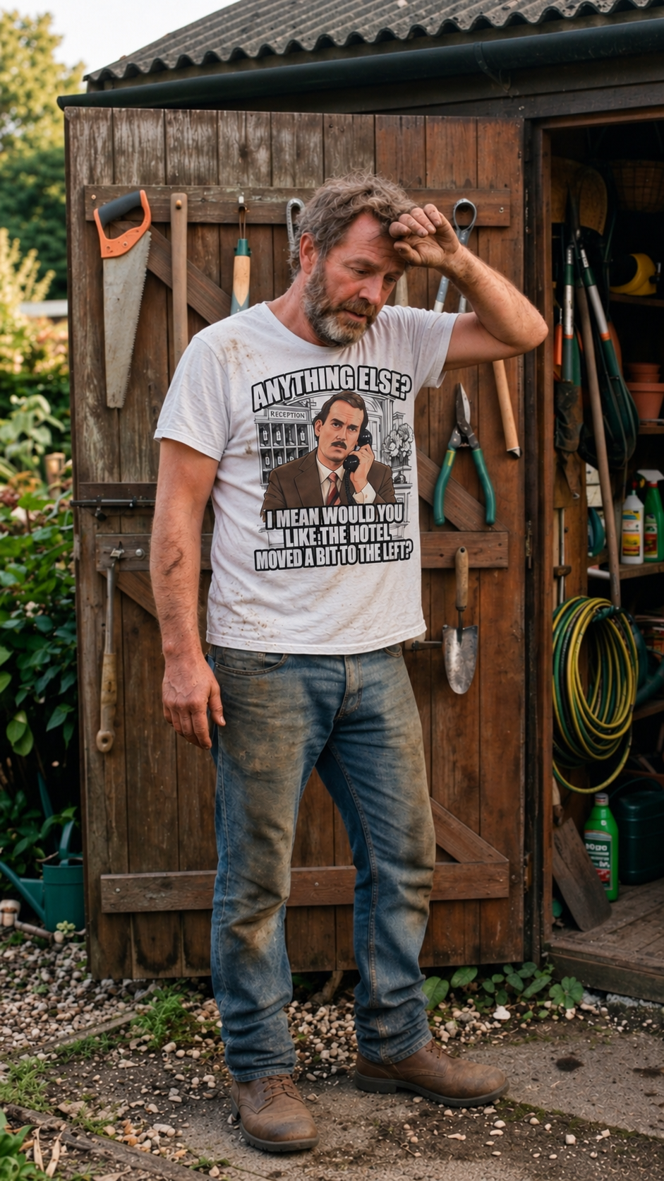 Anything Else Dear T-shirt lifestyle mock-up outside garden shed
