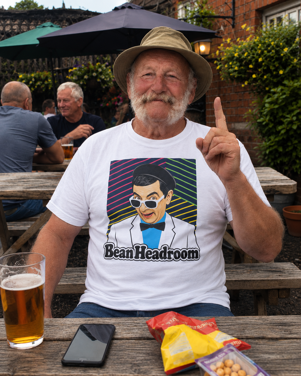 Bean Headroom white T-shirt worn in pub garden