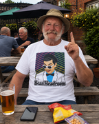 Bean Headroom white T-shirt worn in pub garden