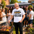 Man wearing I Fart Because It's The Only Gas I Can Afford white T-shirt at a garden barbecue