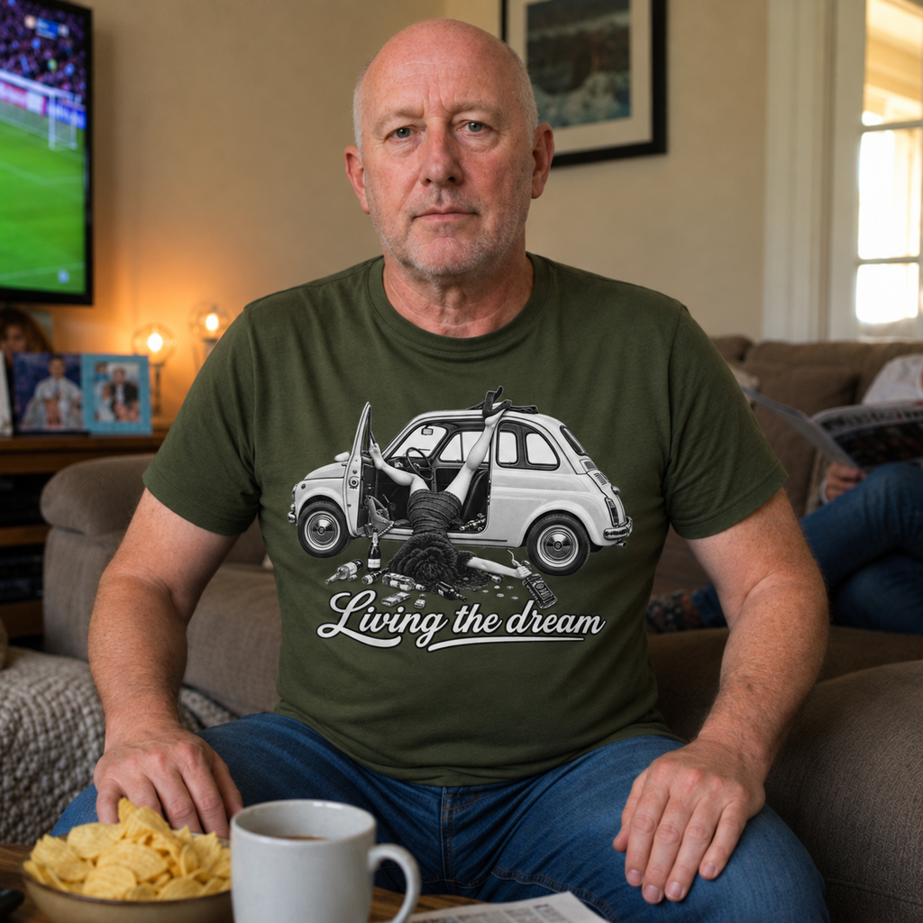 Lifestyle mockup of Living the Dream T-shirt featuring vintage car artwork