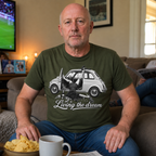 Lifestyle mockup of Living the Dream T-shirt featuring vintage car artwork