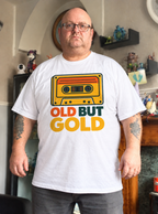 Old But Gold cassette design on a white T-shirt, lifestyle photo