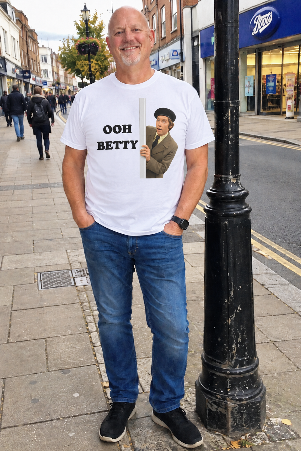 Street-style mock-up of Ooh Betty V2 on a white T-shirt