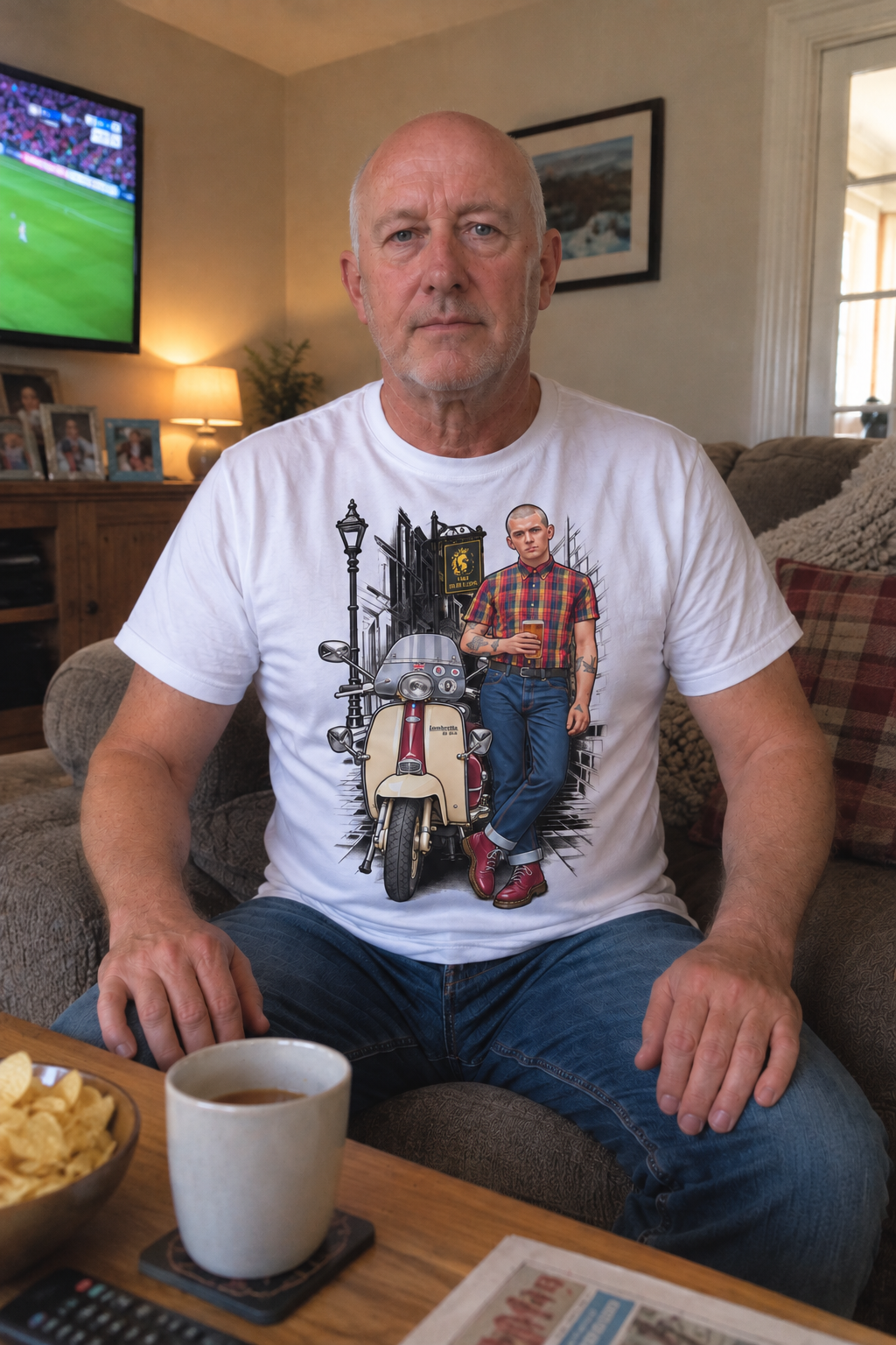 Customer-style photo wearing white Scooter Street Scene T-shirt