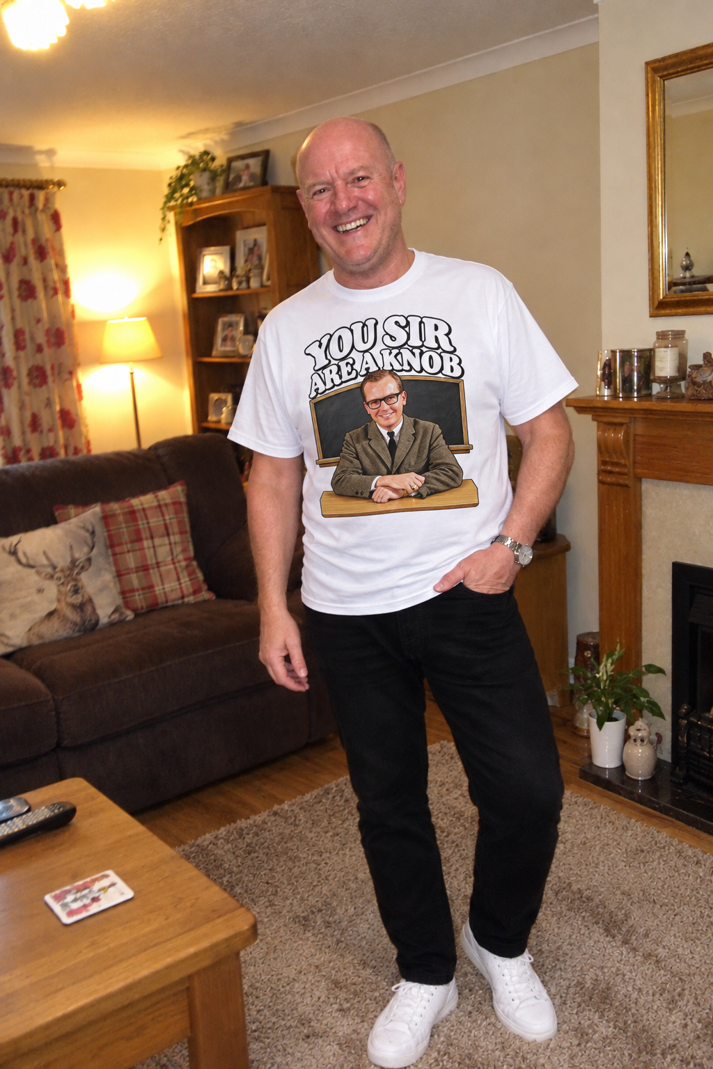 Model in living room wearing white You Sir Are a Knob T-shirt